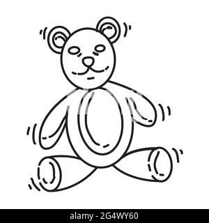 Parco giochi bambini bambola orso, gioco, bambini, asilo. Mano disegnata set di icone, nero profilo, icona doodle, vettore icona disegno. Illustrazione Vettoriale