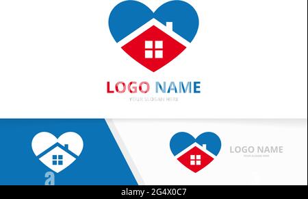 Combinazione cuore vettoriale e logo principale. Modello di design di logotipo di casa e amore. Illustrazione Vettoriale