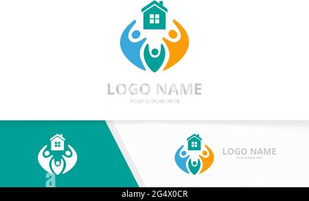 Combinazione di logo vettoriali e di team. Modello di progettazione di logotipo di casa e famiglia. Illustrazione Vettoriale