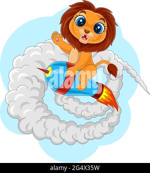 Cartoon baby leone che cavalcano razzo Illustrazione Vettoriale