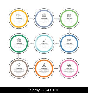 9 modello timeline di linee sottili per l'infografica dei dati. Sfondo astratto dell'illustrazione vettoriale. Può essere utilizzato per il layout del flusso di lavoro infografico, per le aziende Illustrazione Vettoriale
