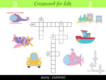 Crossword per bambini con foto di trasporto. Gioco educativo per studiare la lingua inglese e le parole. Foglio di lavoro stampabile per le attività dei bambini. Include Illustrazione Vettoriale