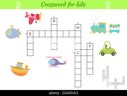 Crossword per bambini con foto di trasporto. Gioco educativo per studiare la lingua inglese e le parole. Foglio di lavoro stampabile per le attività dei bambini. Include Illustrazione Vettoriale