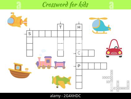 Crossword per bambini con foto di trasporto. Gioco educativo per studiare la lingua inglese e le parole. Foglio di lavoro stampabile per le attività dei bambini. Include Illustrazione Vettoriale