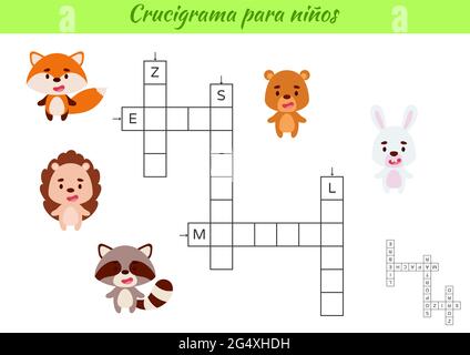 Crossword per bambini in spagnolo con foto di animali. Gioco educativo per studiare la lingua e le parole spagnole. Foglio di lavoro stampabile per le attività dei bambini. Illustrazione Vettoriale