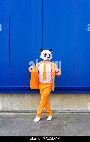 Uomo che indossa una vivace tuta arancione e una maschera di panda in posizione sicura contro la parete blu Foto Stock