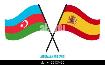 Azerbaigian e Spagna Bandiere incrociate e ondeggianti stile piatto. Proporzione ufficiale. Colori corretti. Illustrazione Vettoriale
