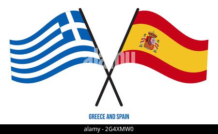 Grecia e Spagna Bandiere incrociate e ondulate stile piatto. Proporzione ufficiale. Colori corretti. Illustrazione Vettoriale