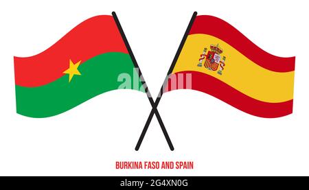 Burkina Faso e Spagna Bandiere incrociate e ondulate stile piatto. Proporzione ufficiale. Colori corretti. Illustrazione Vettoriale