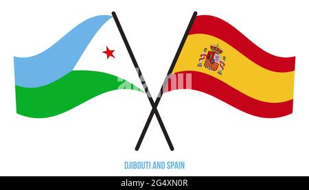 Gibuti e Spagna Bandiere incrociate e ondulate stile piatto. Proporzione ufficiale. Colori corretti. Illustrazione Vettoriale