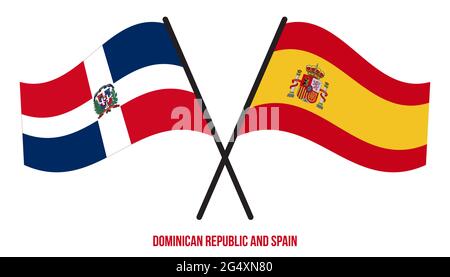 Repubblica Dominicana e Spagna Bandiere incrociate e ondulate stile piatto. Proporzione ufficiale. Illustrazione Vettoriale