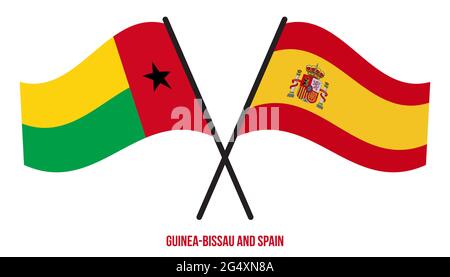 Guinea-Bissau e Spagna Bandiere incrociate e ondulate stile piatto. Proporzione ufficiale. Colori corretti. Illustrazione Vettoriale