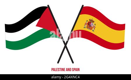 Palestina e Spagna Bandiere incrociate e ondeggianti stile piatto. Proporzione ufficiale. Colori corretti. Illustrazione Vettoriale