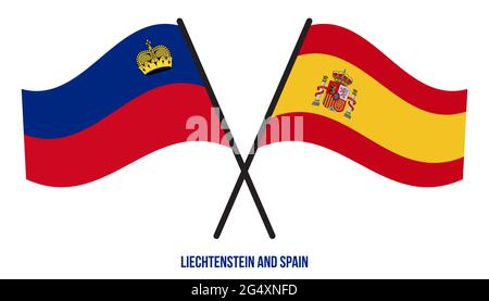 Liechtenstein e Spagna Bandiere incrociate e ondulate stile piatto. Proporzione ufficiale. Colori corretti. Illustrazione Vettoriale