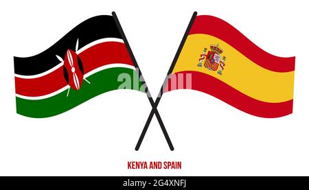 Kenya e Spagna Bandiere incrociate e ondulate stile piatto. Proporzione ufficiale. Colori corretti. Illustrazione Vettoriale