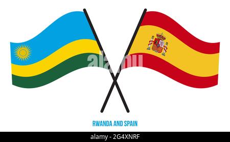 Ruanda e Spagna Bandiere incrociate e ondeggianti stile piatto. Proporzione ufficiale. Colori corretti. Illustrazione Vettoriale