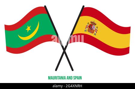 Mauritania e Spagna Bandiere incrociate e ondulate stile piatto. Proporzione ufficiale. Colori corretti. Illustrazione Vettoriale