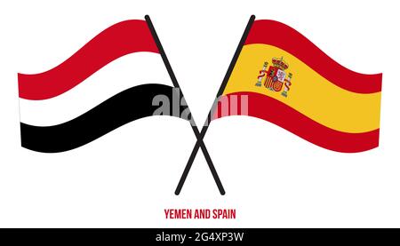 Yemen e Spagna Bandiere incrociate e ondulate stile piatto. Proporzione ufficiale. Colori corretti. Illustrazione Vettoriale