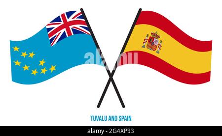 Tuvalu e Spagna Bandiere incrociate e ondulate stile piatto. Proporzione ufficiale. Colori corretti. Illustrazione Vettoriale