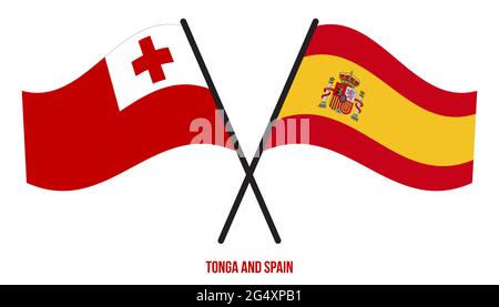 Tonga e Spain Bandiere incrociate e ondulate in stile piatto. Proporzione ufficiale. Colori corretti. Illustrazione Vettoriale