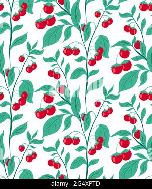 Motivo senza cuciture con pomodori ciliegini sui cespugli su sfondo bianco. Struttura piatta naturale vettoriale. Giardinaggio e orticoltura. Carta da parati e fab Illustrazione Vettoriale