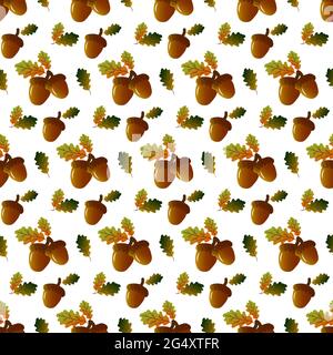 Modello autunnale con ghiande e foglie di quercia. Illustrazione Vettoriale