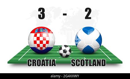 Croazia contro Scozia . Palla di calcio e bandiera nazionale modello sul campo di calcio prospettiva . Sfondo mappa mondo punteggiato . Risultato della partita di calcio e sc Illustrazione Vettoriale