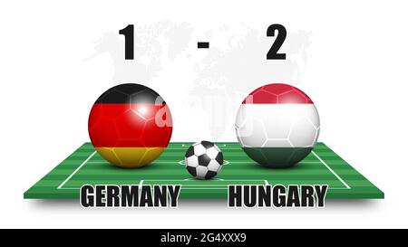 Germania contro Ungheria . Palla di calcio con bandiera nazionale modello sul campo di calcio prospettiva . Sfondo mappa mondo punteggiato . Risultato della partita di calcio e sc Illustrazione Vettoriale