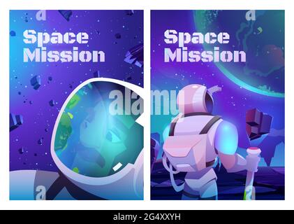 Cartoni animati missione spaziale, astronauta viaggio in galassia. Spaceman indossa tuta e casco che guarda sulla Terra dal pianeta alieno in far Universe. Cosmonaut esplorare cosmo, illustrazione vettoriale, striscioni Illustrazione Vettoriale