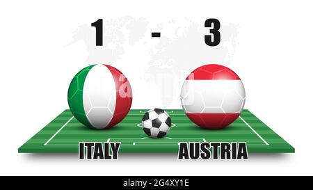 Italia contro Austria . Palla di calcio con bandiera nazionale modello sul campo di calcio prospettiva . Sfondo mappa mondo punteggiato . Risultato e scor della partita di calcio Illustrazione Vettoriale