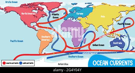 Le correnti oceaniche sulla mappa del mondo illustrazione di sfondo Illustrazione Vettoriale