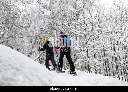 Les Deux Alpes (alpi francesi, Francia sud-orientale): La stazione sciistica coperta di neve in inverno. Attività ricreative durante l'epidemia di Coronavirus come sk Foto Stock