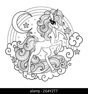 Bella unicorno sulle nuvole. Composizione rotonda. Disegno lineare in bianco e nero. Vettore Illustrazione Vettoriale