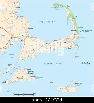 Vector Road map Cape Cod, Martha s Vineyard, Nantucket, Massachusetts, USA Illustrazione Vettoriale