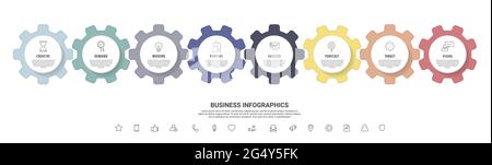 Ingranaggi infografici con otto fasi. Timeline vettoriale moderna con ruote dentate per concetto aziendale, grafico, diagramma, web, banner, presentazioni, diagramma di flusso, Illustrazione Vettoriale