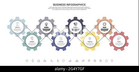 Ingranaggi vettoriali per infografica con otto fasi. Tempistica moderna con ruote dentate per concetto aziendale, grafico, diagramma, web, banner, presentazioni, diagramma di flusso, Illustrazione Vettoriale