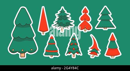 Confezione di adesivi di alberi di Natale disegnati a mano. Illustrazioni vettoriali. Adesivi Cartoon per le vacanze invernali. Clipart per il nuovo anno di design in colore verde e rosso Illustrazione Vettoriale