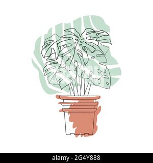 Linea arte nero tropicale vaso casa monstera pianta con colorato astratto boho forma sfondo. Illustrazione Vettoriale