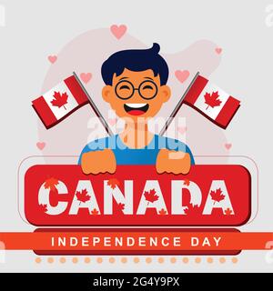 L'illustrazione su sfondo grigio indica che il ragazzo è molto felice di celebrare il giorno dell'indipendenza del Canada Illustrazione Vettoriale