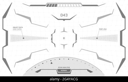 Interfaccia VR HUD con schermo a mirino in bianco e nero. Visore futuristico per la realtà virtuale fantascientica con testa in alto. Interfaccia grafica grafica grafica grafica eps vettoriale pannello di controllo centrale interfaccia utente digitale Illustrazione Vettoriale