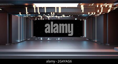 vista spaziale in immagine 3d di rendering futuristico scuro della stazione spaziale Foto Stock