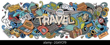 Illustrazione del doodle del cartone animato disegnato a mano di viaggio. Divertente design per le vacanze. Illustrazione Vettoriale