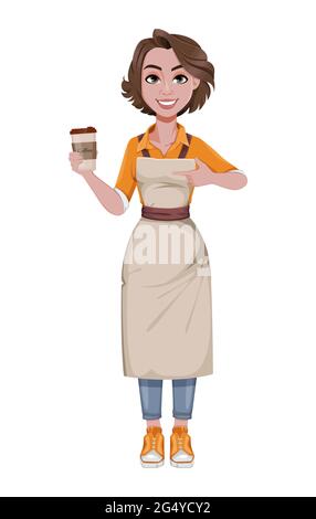 Barista femminile che serve caffè. Concetto di business del caffè. Allegro barista personaggio cartoon. Illustrazione vettoriale stock Illustrazione Vettoriale
