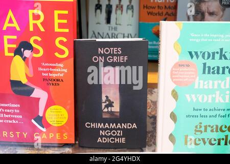 Dolore di Chimamanda Ngozi Adichie in mostra in Waterstones libro vetrina mostra libri in estate Giugno 2021 Londra Inghilterra UK KATHY DEWITT Foto Stock