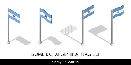 Bandiera isometrica dell'Argentina in posizione statica e in movimento sul flagpole. vettore 3d Illustrazione Vettoriale