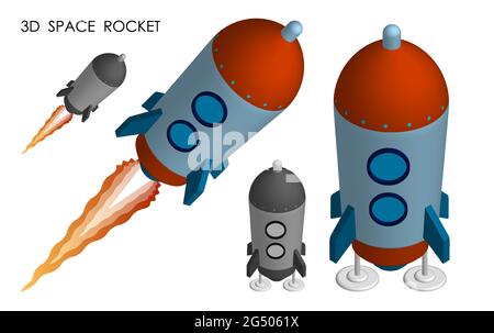 Razzo spaziale isometrico. Voli per Marte, Luna e pianeti del sistema solare. Tecnologie per l'esplorazione dello spazio. Vettore 3D realistico Illustrazione Vettoriale