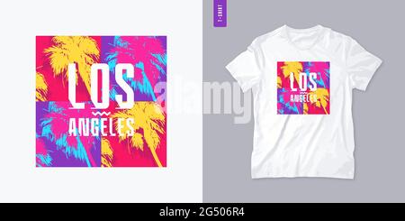 T-shirt grafica Los Angeles con palmo, stampa retrò estiva, colorata illustrazione vettoriale Illustrazione Vettoriale