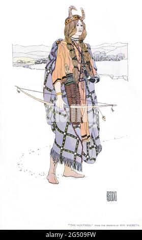 "La Cacciatrice – dal disegno di Ann Macbeth" pubblicato nella rivista ‘The Studio’ nel 1902. Ann Macbeth era un ricamatore, un progettista, un insegnante e un autore britannici, un membro del movimento di Glasgow ed un socio di Charles Rennie Mackintosh. Era una suffragetta attiva e disegnava striscioni per suffragisti e movimenti di suffragette. Foto Stock