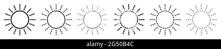 Icona del sole. Set di icone solari lineari. Illustrazione vettoriale. Icone del vettore Sun. Icone solari lineari nere Illustrazione Vettoriale