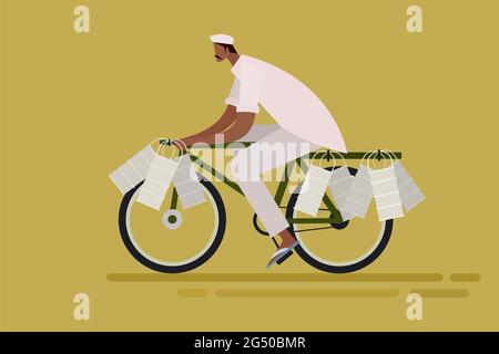 'Dabbawala' che consegna le scatole per il pranzo in bicicletta. Una scena regolare da Mumbai, India Illustrazione Vettoriale